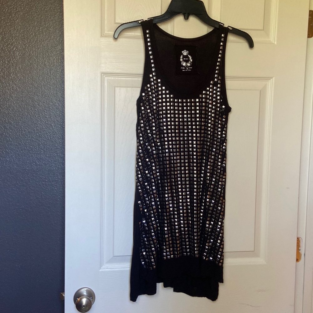 Tissue by Cino brand. Black with metallic, geometric squares. Size S